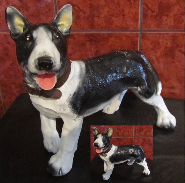 Bullterrier Figur schwarz - weiss Stehend aus Kunststein