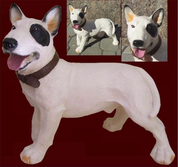 Bullterrier Figur, weiss mit Monokel, aus Kunststein